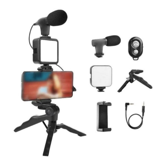 Kit video 4 en 1 Estabilizador Trípode Soporte Celular Led Micrófono + control